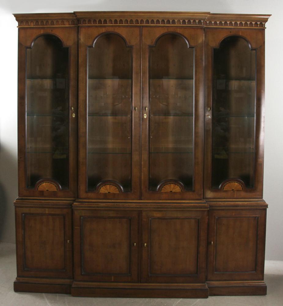 Henredon 18thC Portfolio English Style Breakfront: Henredon 18th century portfolio labeled English-style breakfront having beveled glass and satinwood inlay, 84" H x 76" W x 17" D.