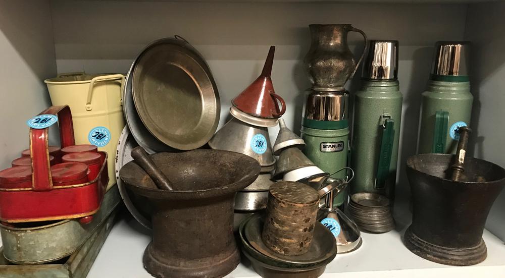 Group of Thermoses: Thermoses, steel, mortal and kessel, spice container, tin funnel.