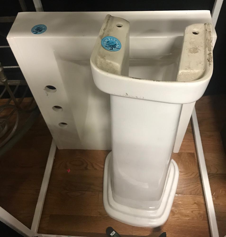 Pedestal Sink: Pedestal sink, 32" H x 23" W x 19" D. Available for pick up at our 117 Elliot St, Beverly, Massachusetts gallery.