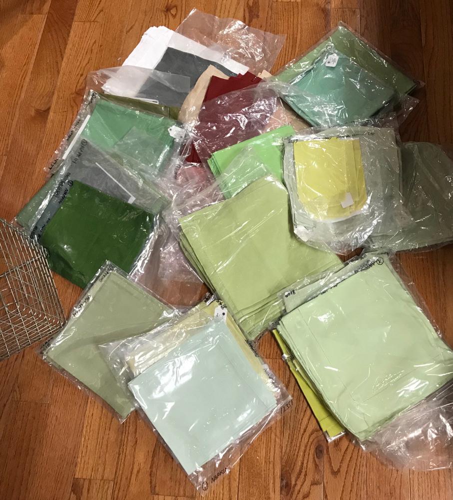 Collection of Tea Antique Cloths: Collection of antique tea cloths, all colors.