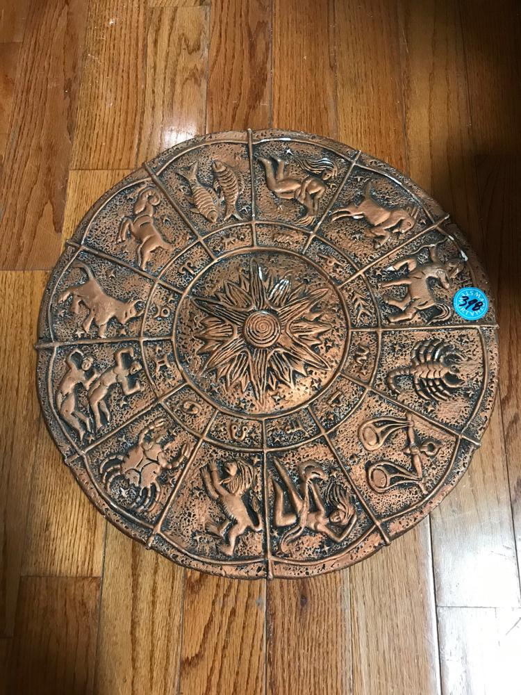 Painted Plaster Zodiac Dial: Painted plaster zodiac dial, 20" diameter.