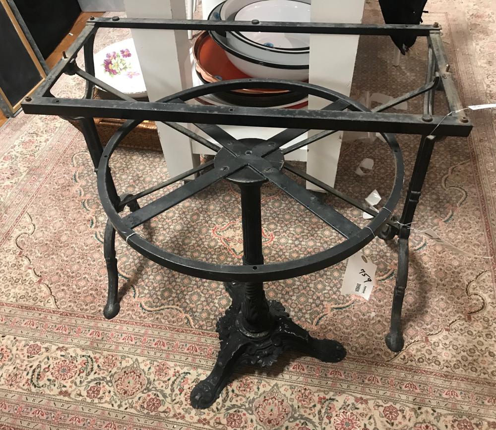 Two Wrought Iron Table Bases: Two wrought iron table bases, 29" H x 34" W x 15 1/2" D, round one is 27" H x 22".
