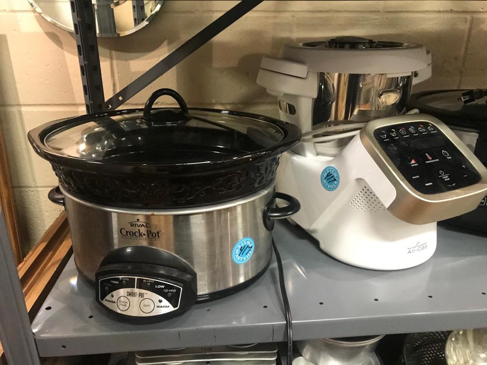 Crock Pots and All-Clad Food Processor: Three crock pots and All-Clad food processor, 5 pieces total. Available for pick up at our 117 Elliot St, Beverly, Massachusetts gallery.