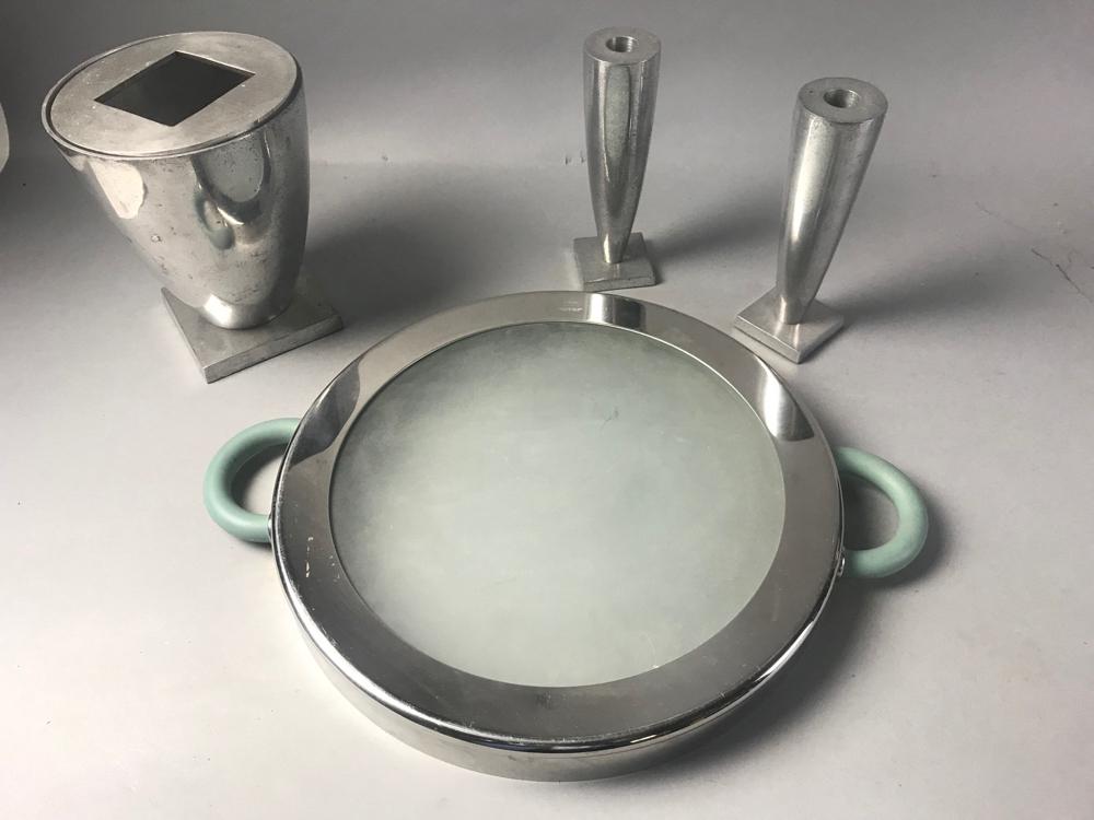 Michael Graves Tray, Candlesticks and Vase: Michael Graves stainless and aluminum tray, 19"; with pair of candlesticks, 8"; and vase, 8".