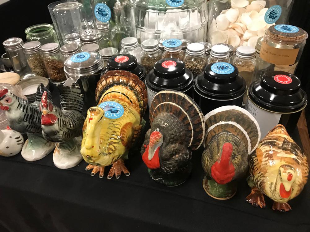 Porcelain Eggs, Spice Bottles, Decanters, Etc: Collection of turkeys, covered rabbit, spice bottles, green glasses, porcelain eggs, shells, ruby decanter.