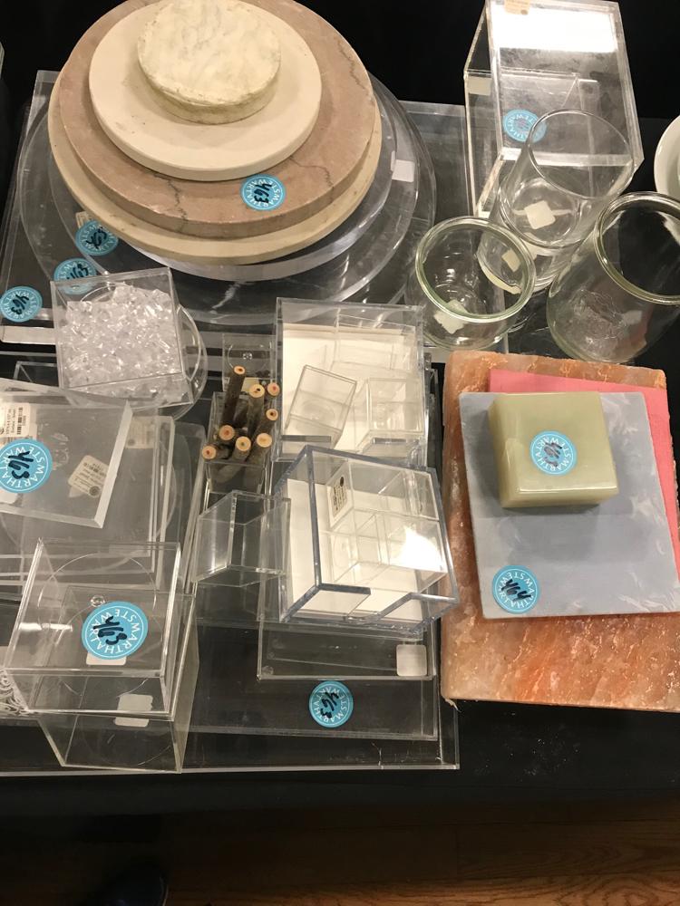 Marble Discs, Flower Vases, Boxes, Etc: Collection of marble discs, plexiglass low boxes, and flower vases.