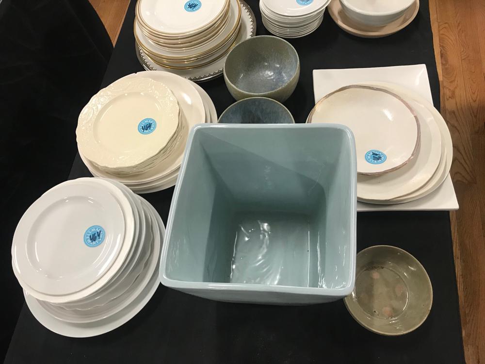 Collection of Ivory and Ironstone Plates: Collection of ironstone and ivory plates, Royal Doulton, yellowware mixing bowls, etc.