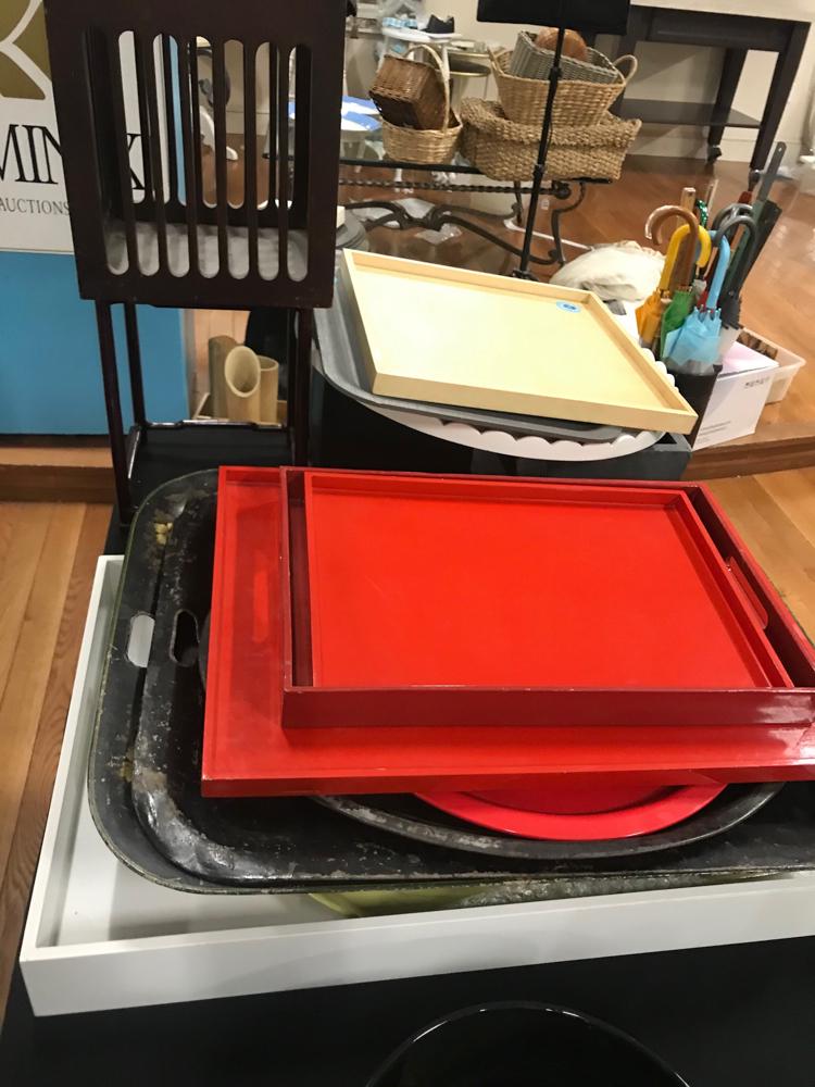 Serving Trays, Salt Dishes, Candlesticks, Etc: Collection of painted wood serving trays, mahogany magazine bucket, salt and peppers, antique salt dishes, candlesticks, flower frogs, etc.