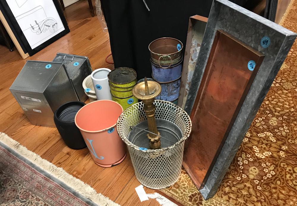 Gardners Trays, Flower Pots, Baskets, Etc: Copper and galvanized steel gardner's trays, painted tin flower pots, wire painted basket, gold metal candlesticks, and other flower pots.