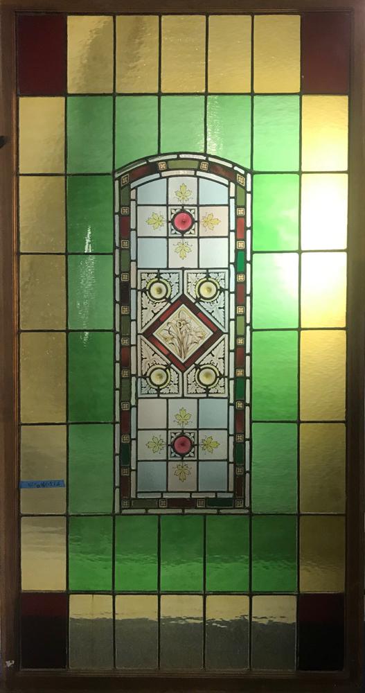 Late 19thC Stained Glass Leaded Window: Late 19th century stained glass leaded window, 89 1/2" H x 46 1/2" W x 1 1/2" D.