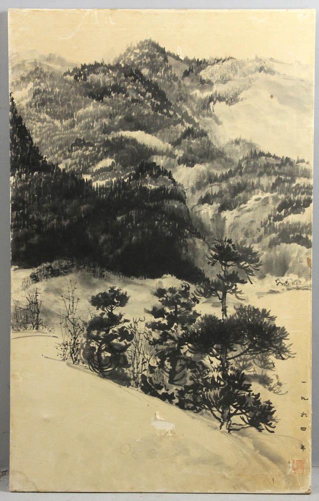 Chinese Chen Chi Watercolor Painting: Chinese watercolor on paper, mountain view, signed 1964 and Chi mark (Chen Chi, 1912-2005), 38" x 24".