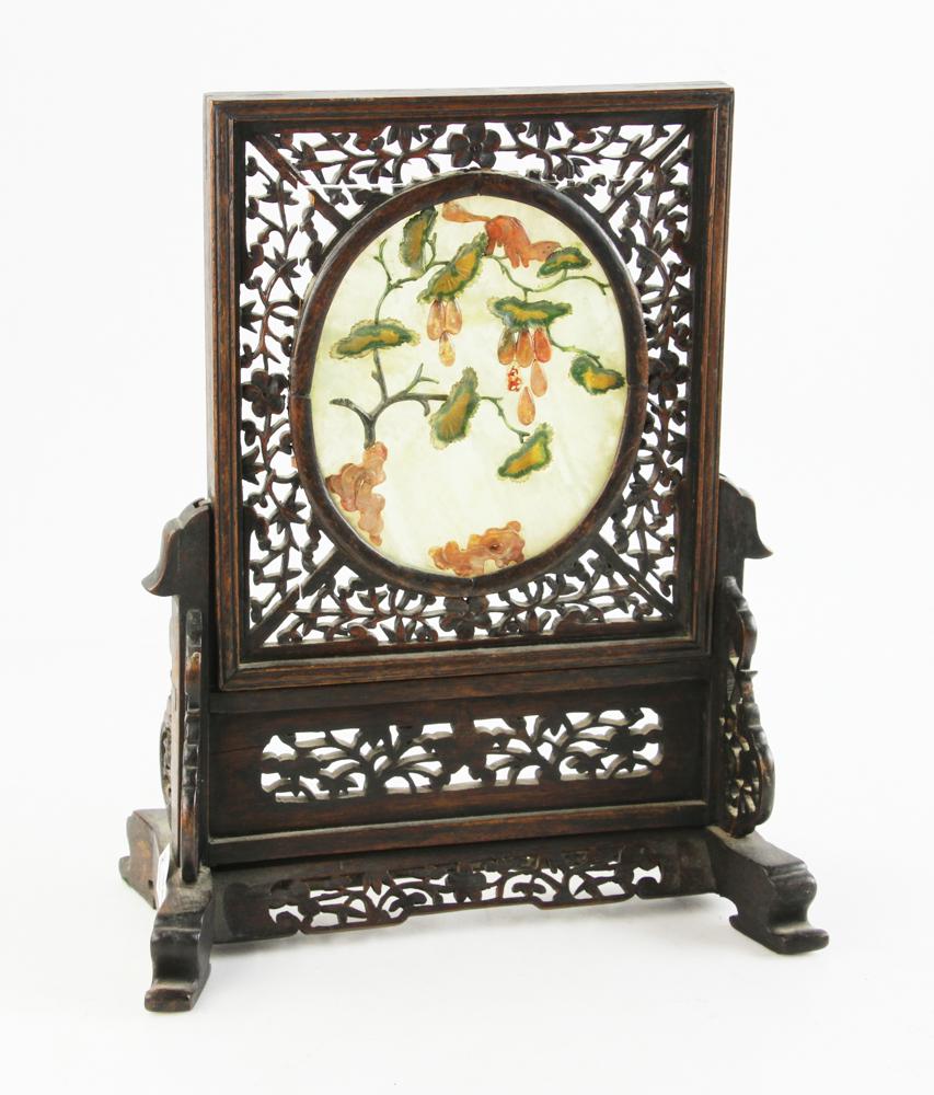 19th/20thC Chinese Carved Hardwood Table Screen: 19th/early 20th century Chinese carved hardwood table screen, mounted carved hardstone plaque in the center, 12" H x 10" W.