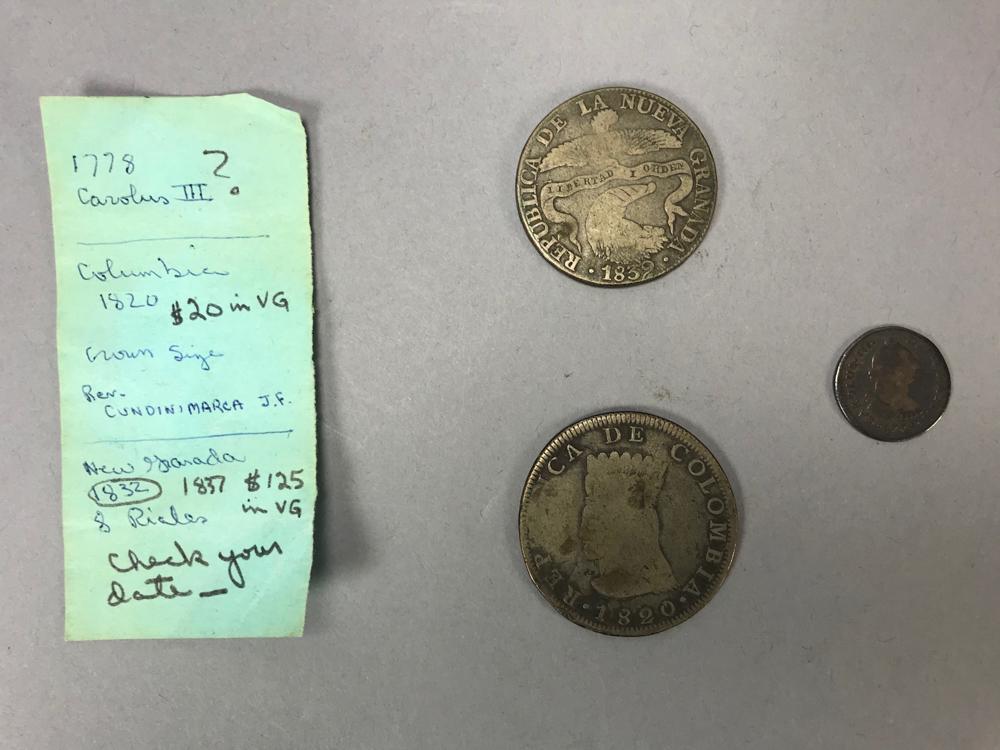 Group of 18th/19thC Coins: 1820 Columbia coin, 1839 Granada coin, 1778 Caroline III coin. Provenance: From a Westwood, Massachusetts estate. PLEASE NOTE: payment for silver, gold, jewelry and coins must be made via PayPal, cash