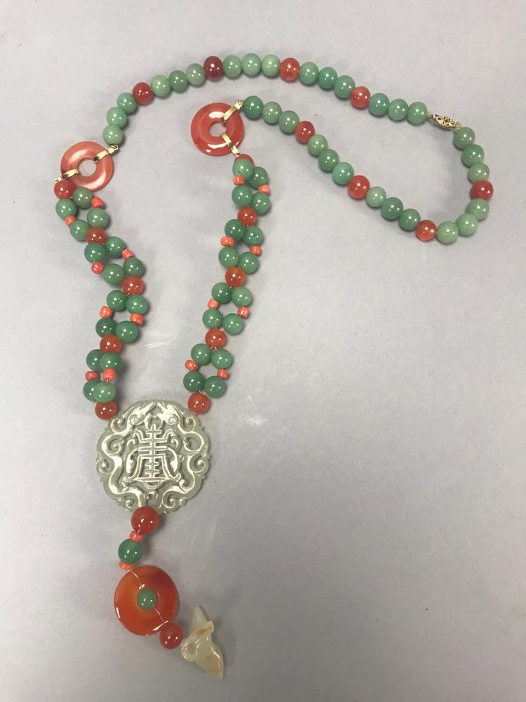 Chinese Jade, Coral and Carnelian Necklace: Chinese jade, coral and carnelian necklace. Provenance: From a Westwood, Massachusetts estate.