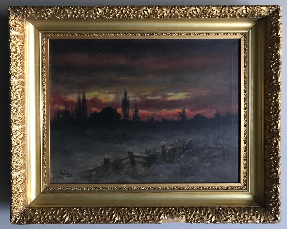 T Bailey, Sunset Landscape, Oil on Canvas: T Bailey (19th/20th century), sunset landscape, oil on canvas, signed, framed 22" x 25 1/2". Provenance: From a Bradford, Massachusetts estate.