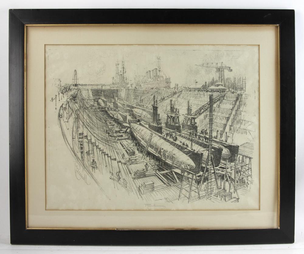 Joseph Pennel, Signed Lithograph: Joseph Pennel (1857-1926), WWI submarine construction at a navy yard, lithograph, pencil signed L/C, 16 1/2" x 21 1/4" (sight), frame 23 5/8" x 28 1/2". Provenance: Nashua, New Hampshire collection.