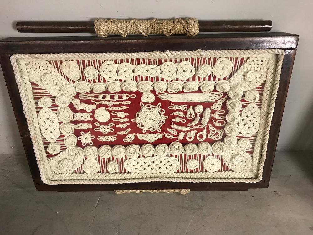 Nautical Sailors Knots Display Board: Nautical maritime sailors knots framed display board, 26" x 35". Provenance: From a Melrose, Massachusetts estate.