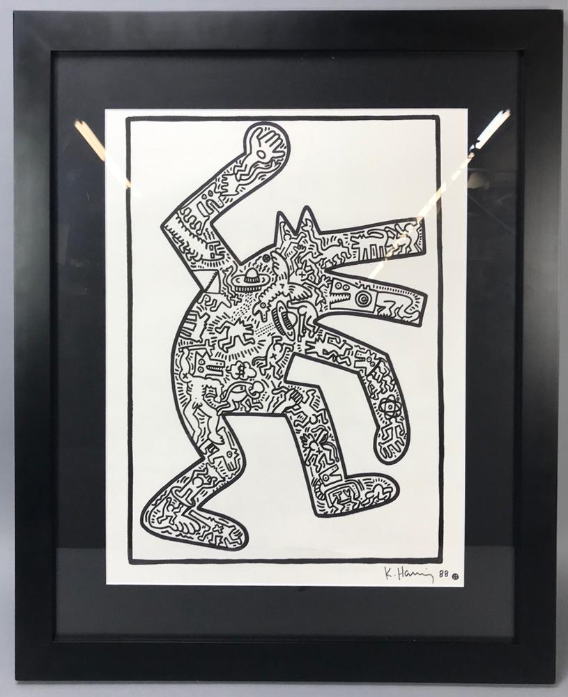 Keith Haring Signed, Dog, Marker on Paper: Keith Haring signed, dog with figures in the body, marker on paper, 19" x 15" and 27" x 23" overall. Provenance: From a private collection in Rome, Italy.