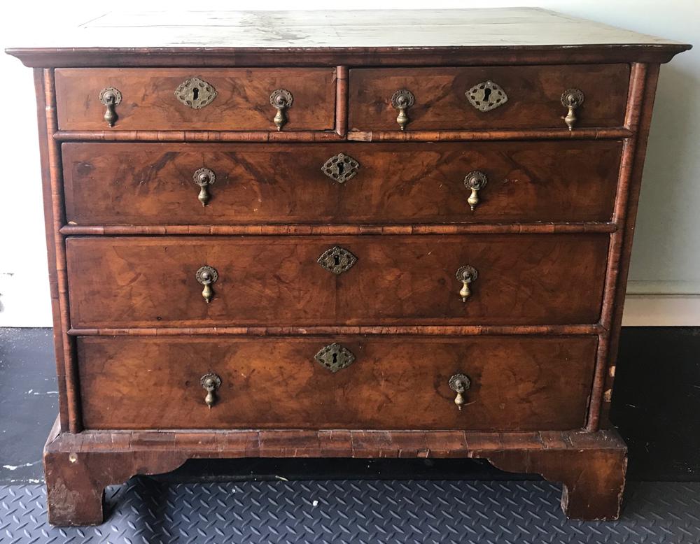 Early 18thC English William and Mary Chest: Early 18th century English William and Mary five-drawer chest, 36" H x 39" L x 22 1/2" W. Provenance: West Palm Beach, Florida estate.