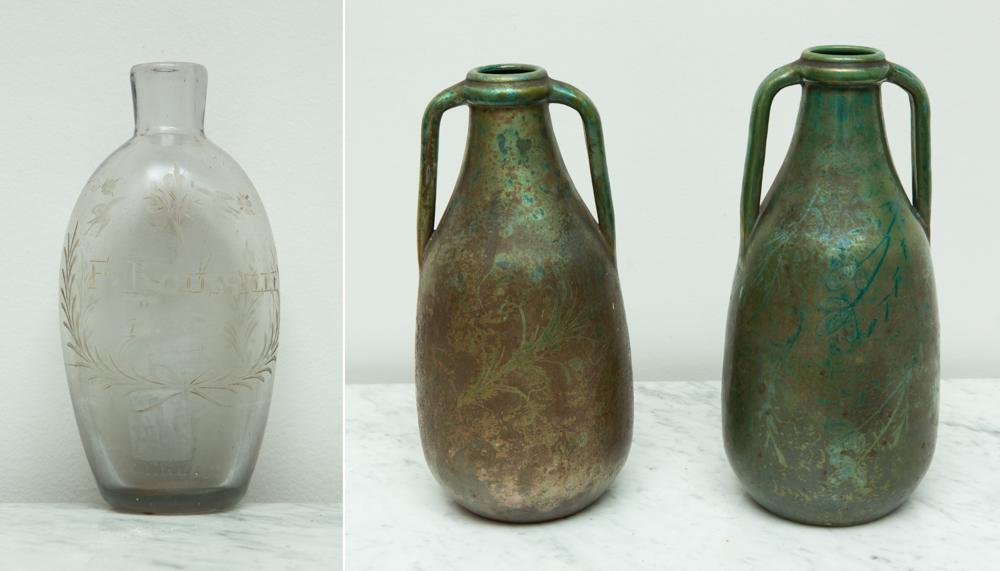 French Etched Bottle, Pottery Vases: French bottle, 1809, F. Rousselle, having etched glass hearts, birds, and deer, 6 1/2" x 3"; Two French pottery vases, signed on bottom "Aire-Belle", and "AR", 12" and 12 1/4".