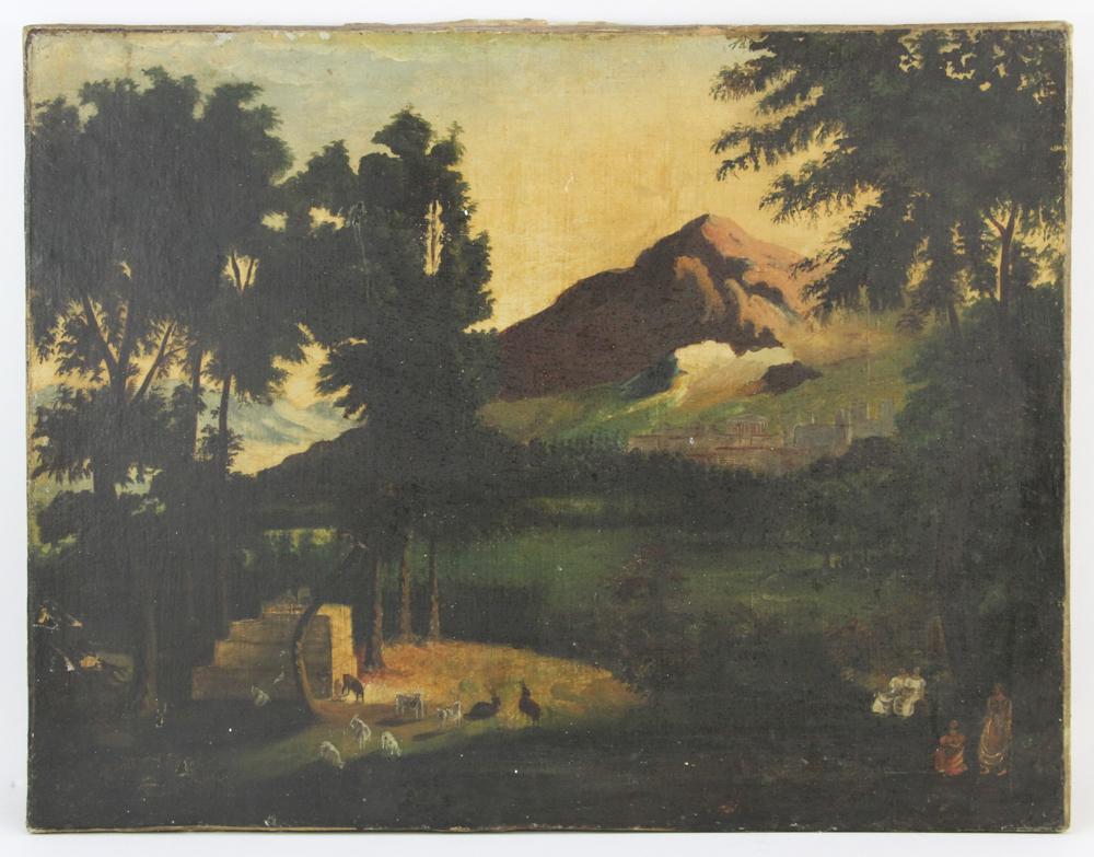 In the Manner of Chambers, Landscape, Oil on Canvas: School of Hudson River, in the manner of Thomas Chambers, landscape, oil on canvas laid down on board, unsigned, 20 1/2" x 26 1/2". Provenance: From a North Andover, Massachusetts estate.
