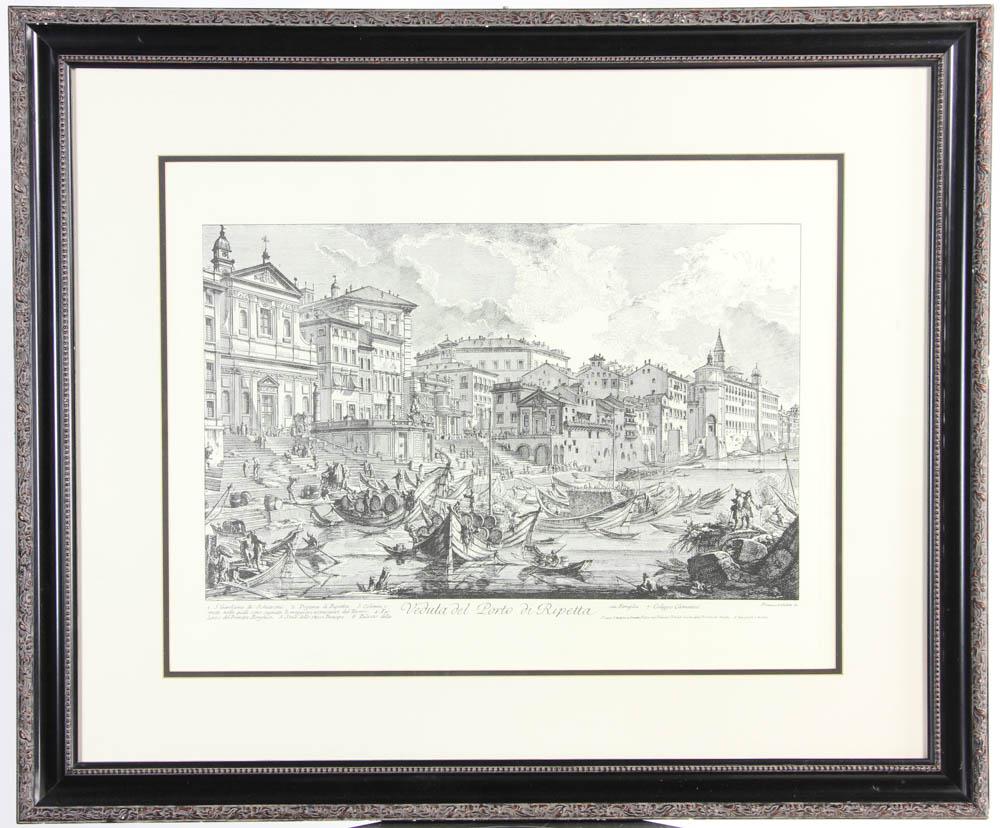 Piranesi Print, Veduta del Porto de Ripetta: Giovanni Battista Piranesi print, 'Veduta del Porto di Ripetta', marked L/R 'Piranesi Architetto fec', 17" x 22 1/2" (plate mark), frame 28 3/4" x 34 1/2". Provenance: West Palm Beach, Florida estate.