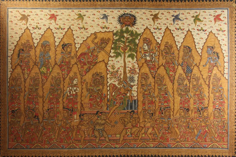 Indonesian/Balinese Wall Painting: Indonesian/Balinese wall painting, oil on canvas, 33" x 49" unframed. Provenance: West Palm Beach, Florida estate.