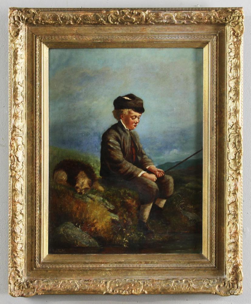 E Eric British School Boy with Dog, Oil on Board: E. Eric, British School boy with his dog, oil on board, signed 16 1/2" x 12 1/2", framed 22" x 28". Provenance: Boston, Massachusetts estate.