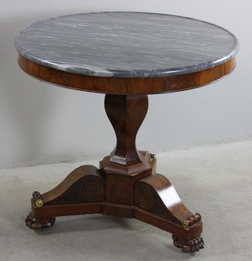 19thC Classical Mahogany Center Table: 19th century Classical mahogany center table with gray marble top having beaded edge, 32" diameter. Provenance: From a Beacon Hill, Boston estate.
