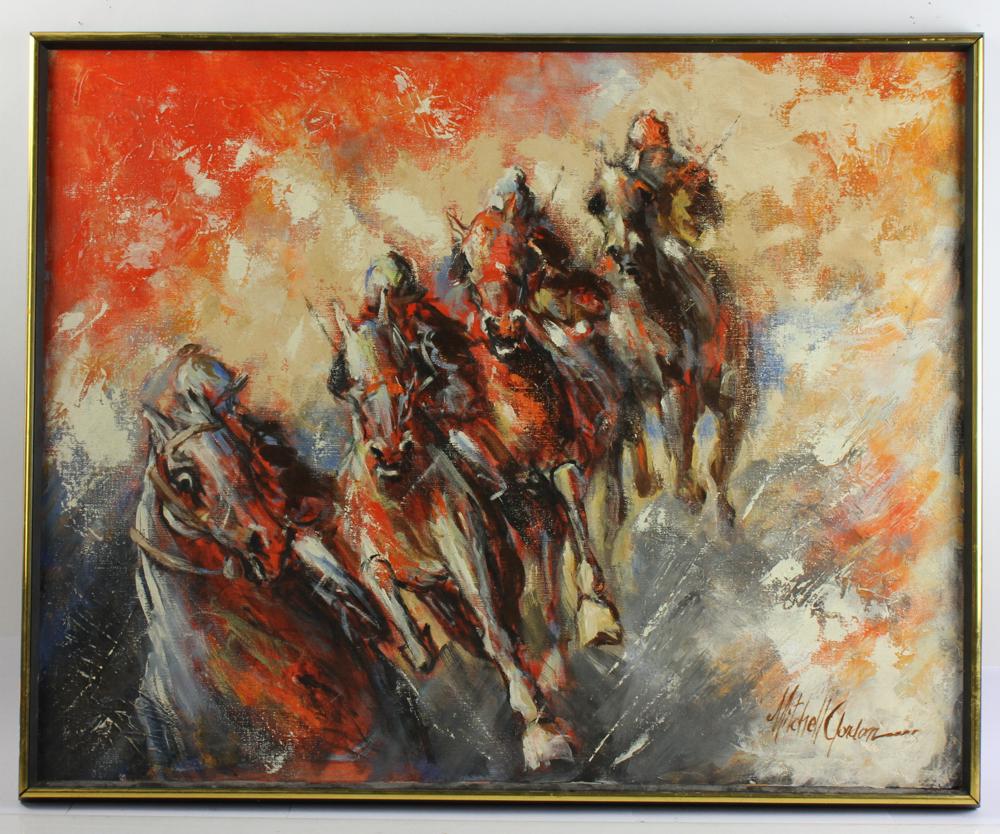 Mitchell Gorden, Horse Race, Oil on Canvas: Mitchell Gorden, horse race, oil on canvas, signed L/R, 24" x 30", framed 25" x 31 1/2". Provenance: From a Florida estate.