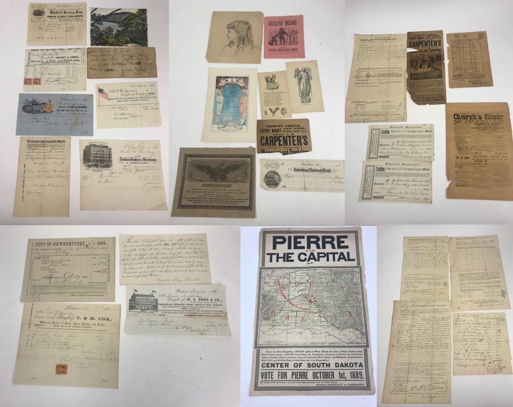 Group of 19thC Ephemera: Group of 19th century ephemera, consisting of deeds of land in several New England states, an Indenture document dated 17, miscellaneous advertisement cards, newspaper ads and some original sketches. 