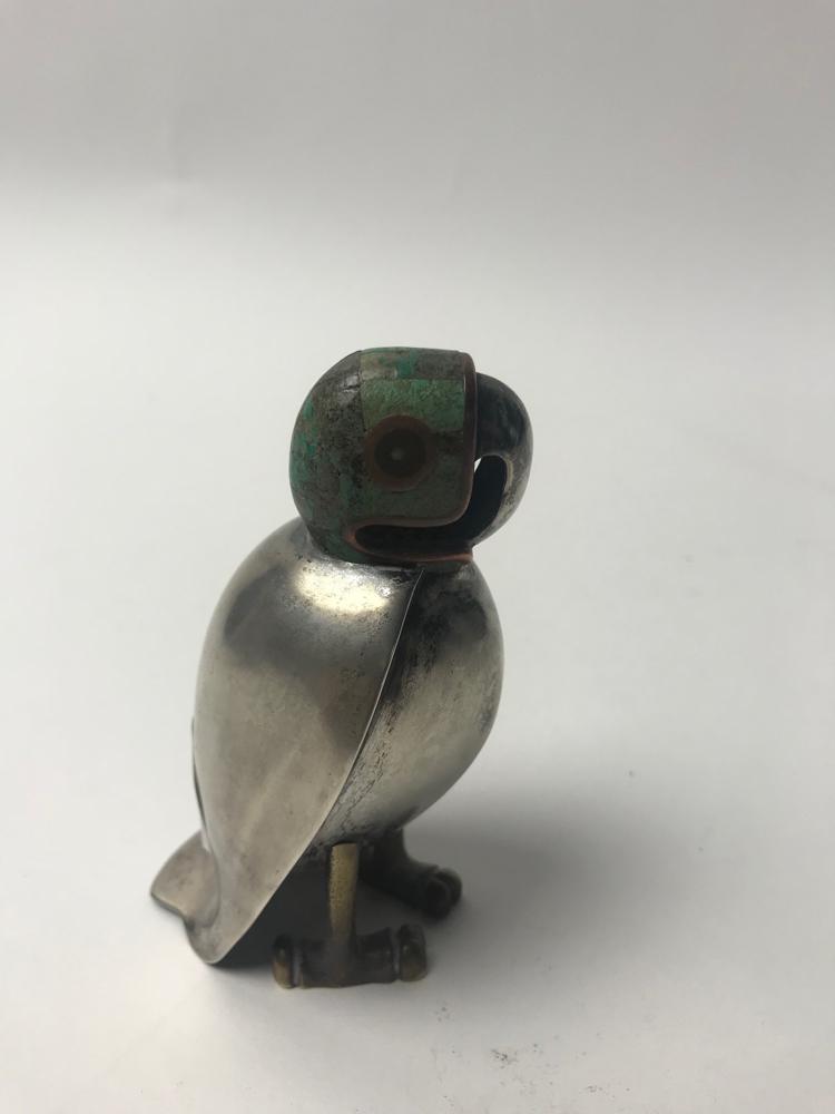 Los Castillo Parrot Shaker: Los Castillo stylized parrot shaker, multi-metal, predominately sterling with lapis and turquoise trim, signed, 4 1/4". Provenance: From a Boston, Massachusetts estate.
