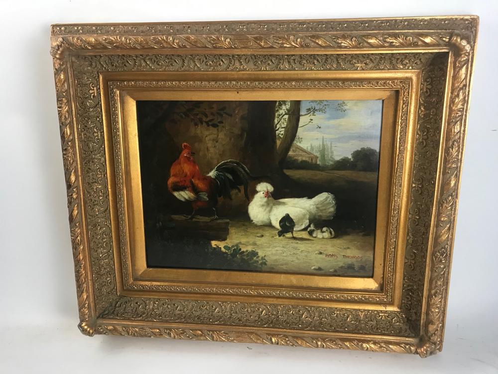 Hans Thomas Signed, Oil on Board: Hans Thomas signed, roosters and chickens, oil on board, 21" x 25" framed. Provenance: From a Medford, Masachusetts estate.