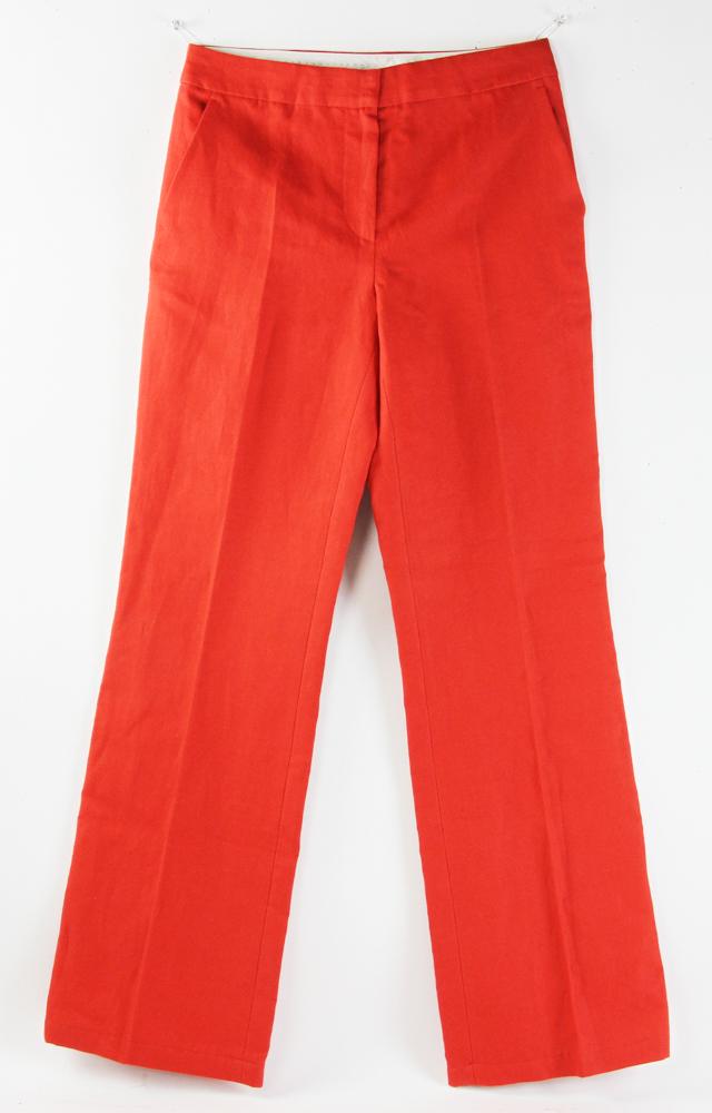 Max Mara Red Cotton/Rayon Pants: Max Mara red cotton/rayon pants with stripes down the sides, made in Italy, size 6, NWT, retail originally $550. Provenance: From a Richmond, Massachusetts estate.