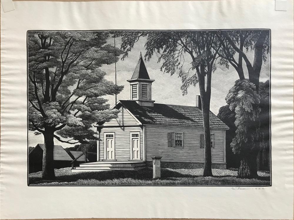Signed Engraving by Thomas Nason: Signed original limited edition wood engraving, "District Schoolhouse" by Thomas W. Nason, 7" x 10". Provenance: Palm Beach, Florida estate.