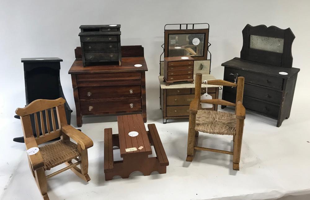 Group of Doll Furniture: Group of doll furniture, to include: cradle, chair, rocker, picnic table and chest with mirror, (9) pieces total. Provenance: From a Burlington, Massachusetts estate.