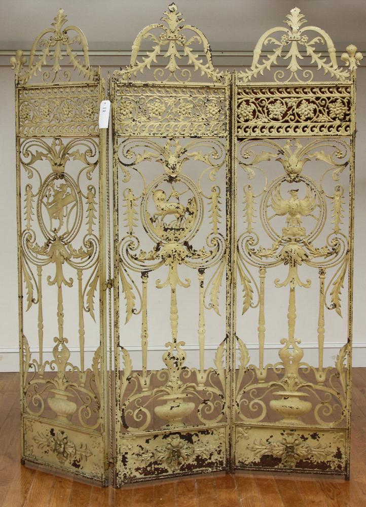 Exceptional C1920 Three Panel Screen: Exceptional circa 1920 hand-forged painted iron three-panel screen, attributed to/in the manner of Oscar Bach, designed by Mizner, 76" H x 57" W. Provenance: Palm Beach, Florida estate.