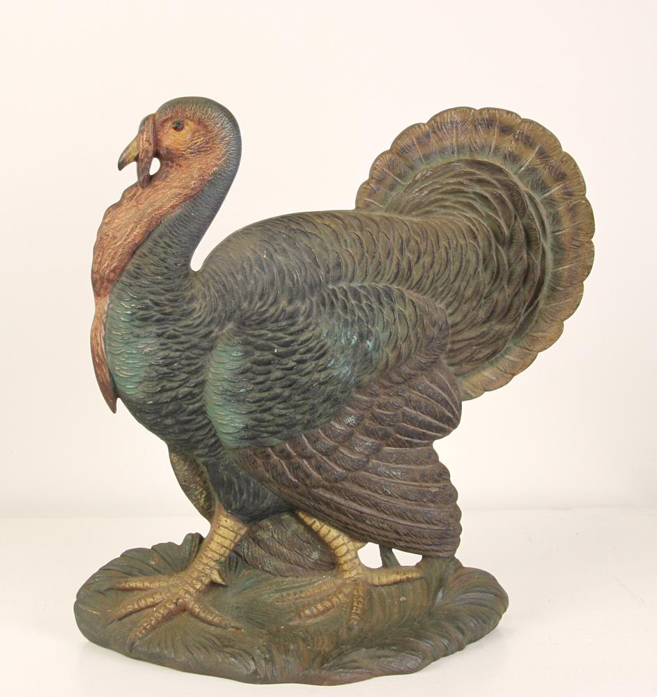 Antique Painted Cast Iron Turkey Doorstop: Antique painted cast iron turkey doorstop, 13" H x 12" W.