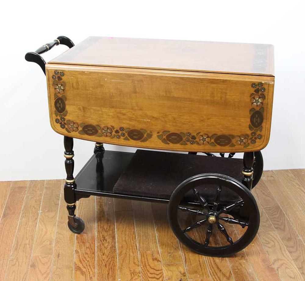 Black Tea Cart: Black tea cart with floral design and drawer, 28 1/2" H x 42" W x 36 1/2" D. Provenance: From a Gloucester, Massachusetts estate.
