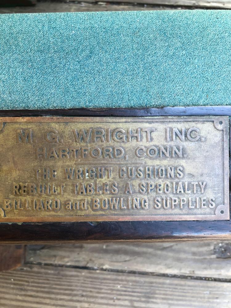 Circa 1918 Arts and Crafts Oak Billiard Table: Circa 1918 Arts & Crafts oak billiard table, M. G. Wright Inc. Hartford, Connecticut, including pool cues, with balls and rack, includes roll of extra green felt, dismantled for easy transportation.