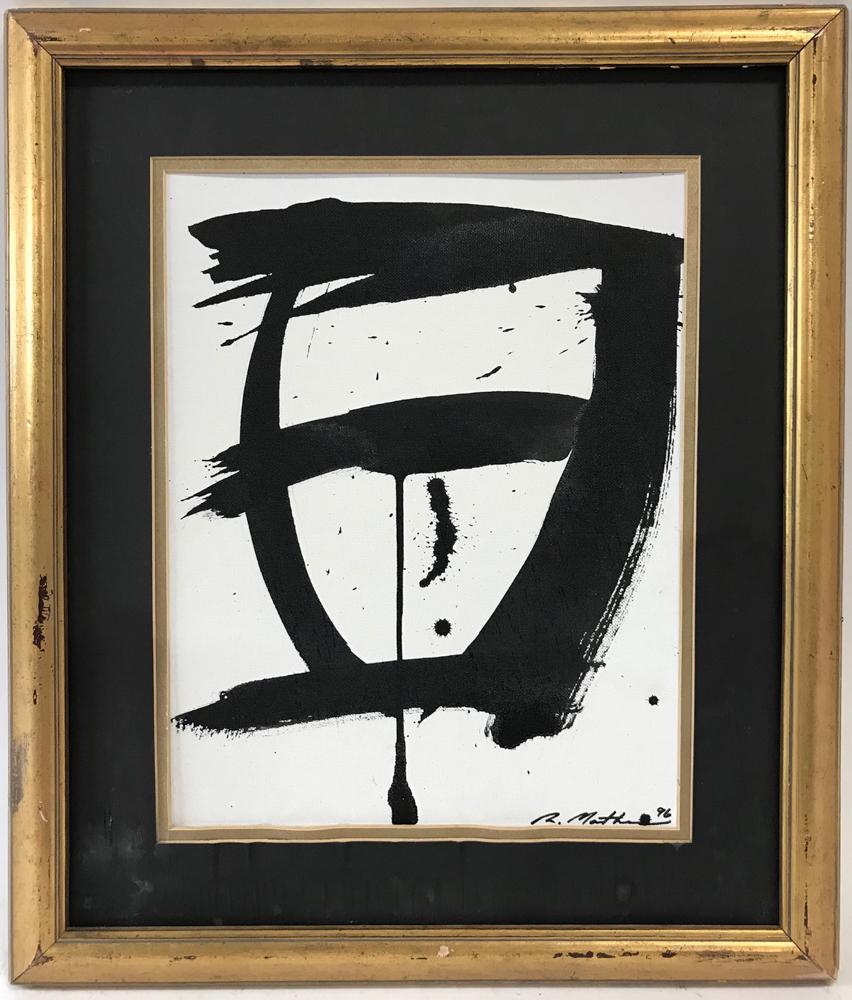 Robert Motherwell, Oil on Canvas: Robert Motherwell (American 1915-1991), oil on canvas, 13 1/2" x 10 1/2", framed 20" x 17". Provenance: From an Orange, California estate.