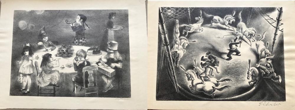 Two Signed Lithos by Schreiber, Harmon: Two signed original limited edition lithographs, including: "Three Clowns" by Georges Schreiber, 10" x 13"; "Birthday Party" by Lily Harmon, 9 1/2" x 12 1/2". Provenance: Palm Beach, Florida estate.