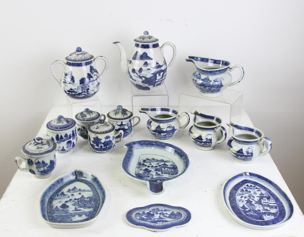 19thC Chinese Canton Porcelain: Group of assorted 19th century Chinese Canton porcelain, including teapots, trays, trivets, (15) pieces total.