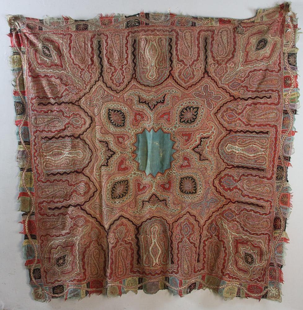 Middle Eastern Bag Face, Kashmir Tablecloth: Middel Eastern bag face and Kashmir tablecloth, 6' x 3'. Provenance: From The Warren Estate.