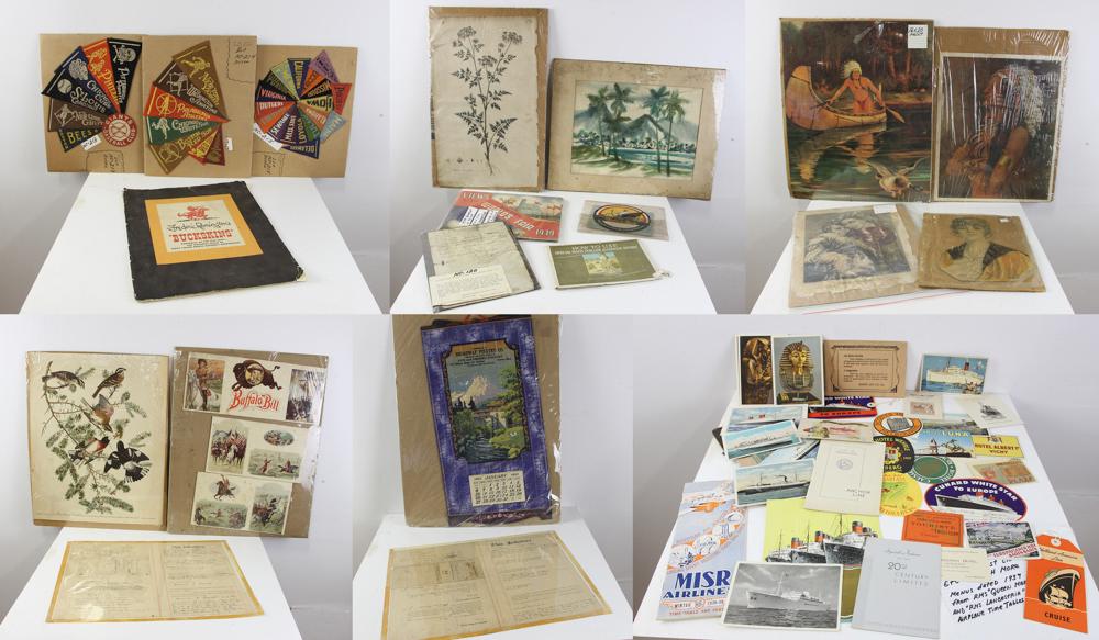 Collection of Menues, Postcards, Ads, Etc: Collection of ocean liner menus, postcards, advertisements, flags, etc. Provenance: From a Burlington, Massachusetts estate.