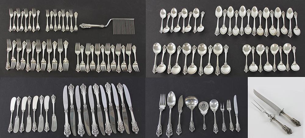 Wallace Grand Baroque 1941 Sterling Service for (12): Wallace Grand Baroque 1941 sterling six piece setting, service for (12), to include: (12) dinner forks; (12) luncheon forks; (10) soup spoons; (11) dinner knives; (12) teaspoons; (8) butler knives; to