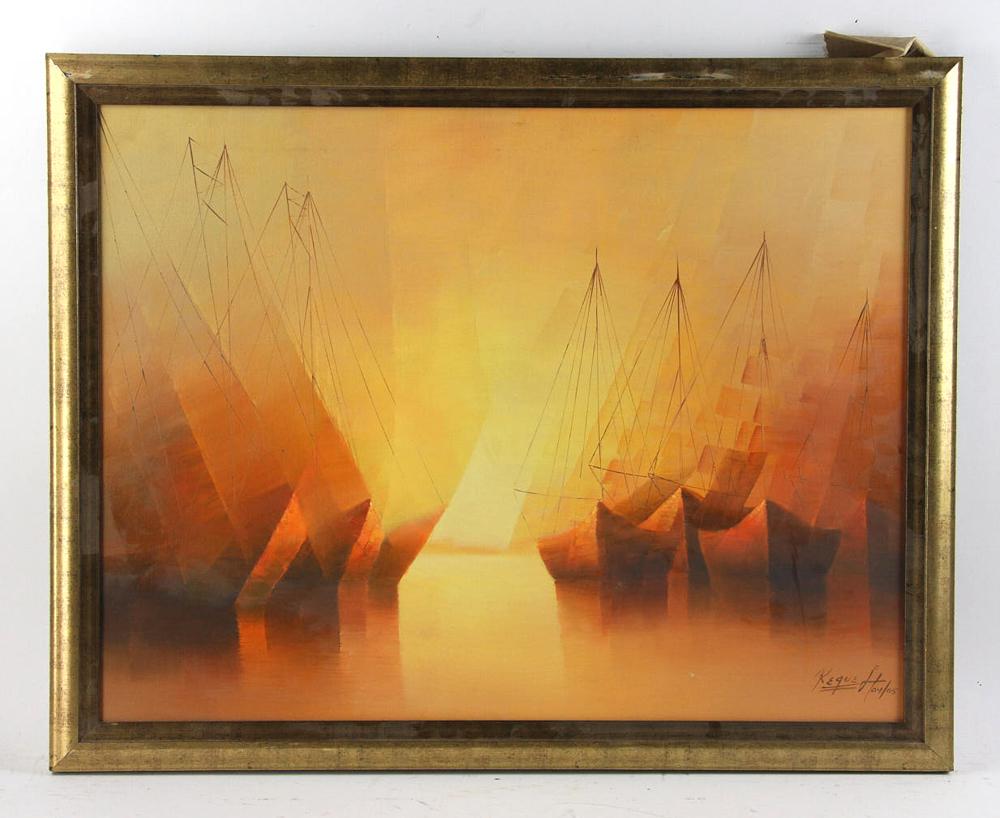 Keque Hoyt, Impressionist Ships, Oil on Canvas: Keque Hoyt, impressionist ships in harbor at sunset, oil on canvas, image 25 1/2" x 19 1/2", framed 28" x 22". Provenance: From a Cathedral City, California estate.