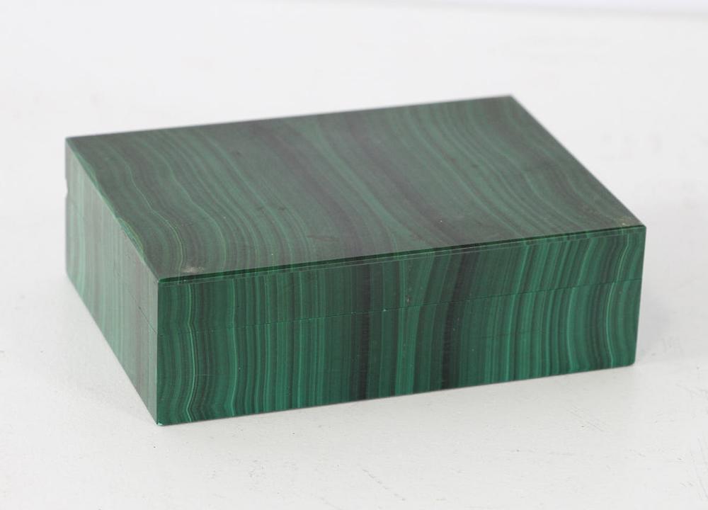 Antique Malachite Box: Antique malachite box, 1 1/2" H x 4" L x 3" W. Provenance: From a Saugus, Massachusetts estate.