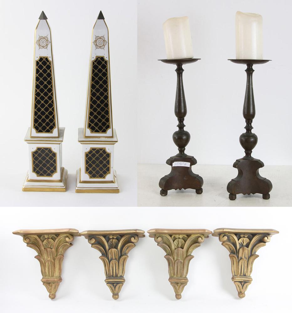 Pair of French Obelisks and Brass Candlesticks: Pair of French obelisks, 17" H x 4" W x 4" D; together with pair of brass candlesticks, 19" H. Provenance: From a Coronado, California estate.