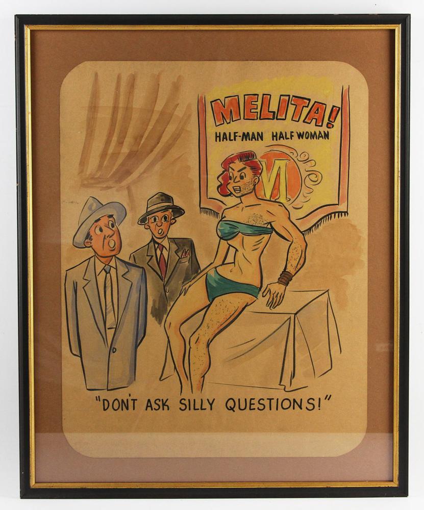 Peter Arno Original Watercolor Illustration: Peter Arno (American, 1904-1968), New Yorker and playboy artist, original watercolor illustration, titled "Melita! Half Man, Half Woman. Don't Ask Silly Questions", 19 1/2" x 15", in custom frame 23 1
